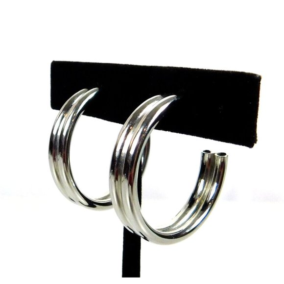 Silver Tone Double Hoop Hollow Pierced Earrings Pushback Closure - Picture 4 of 6